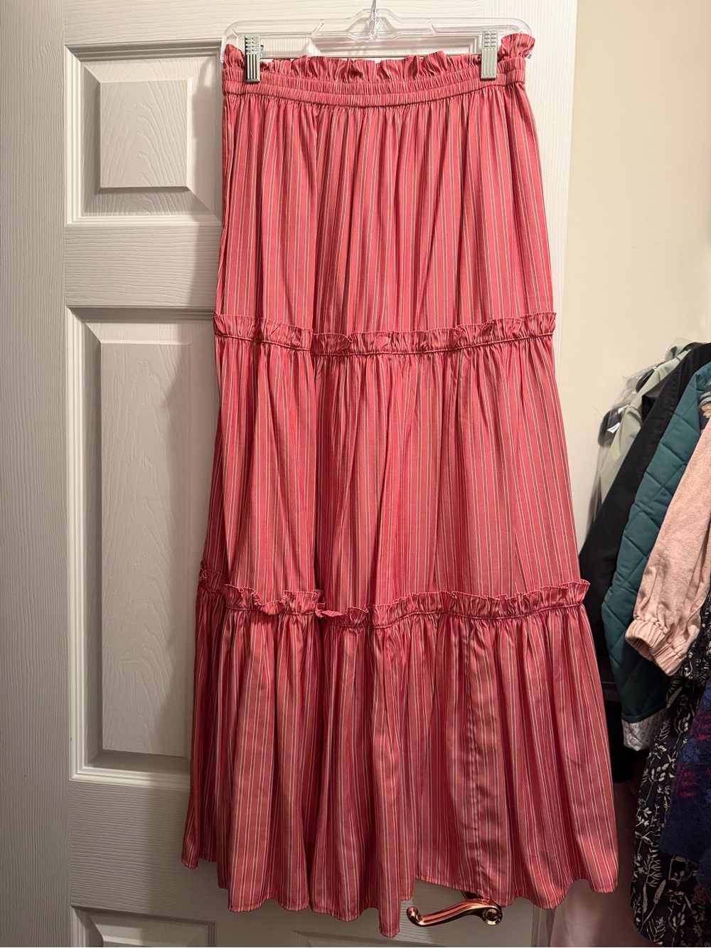 Tuckernuck Coral Pink Striped Tiered Maxi Skirt